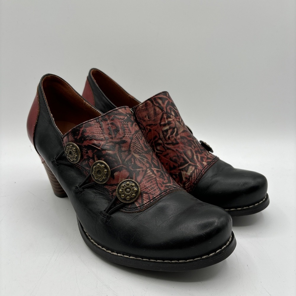 L'Artiste Spring Step Kantia US 7.5 EU 38 Black Red Leather Button Pumps BOHO